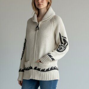 Aritzia TNA Lambswool Cowichan Cardigan Hamsa Graphic Boho Festival Knit Sz M
